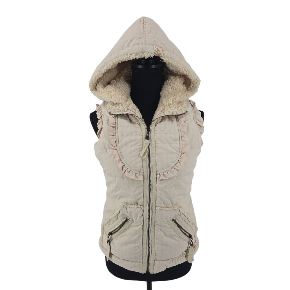 Y2K‎ Vintage Billabong Women's Puffer Vest Medium Beige Small Hooded Quilted